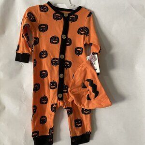 Baby 6 9 Months Pumpkin Outfit Halloween Romper & Hat Jack O Lantern